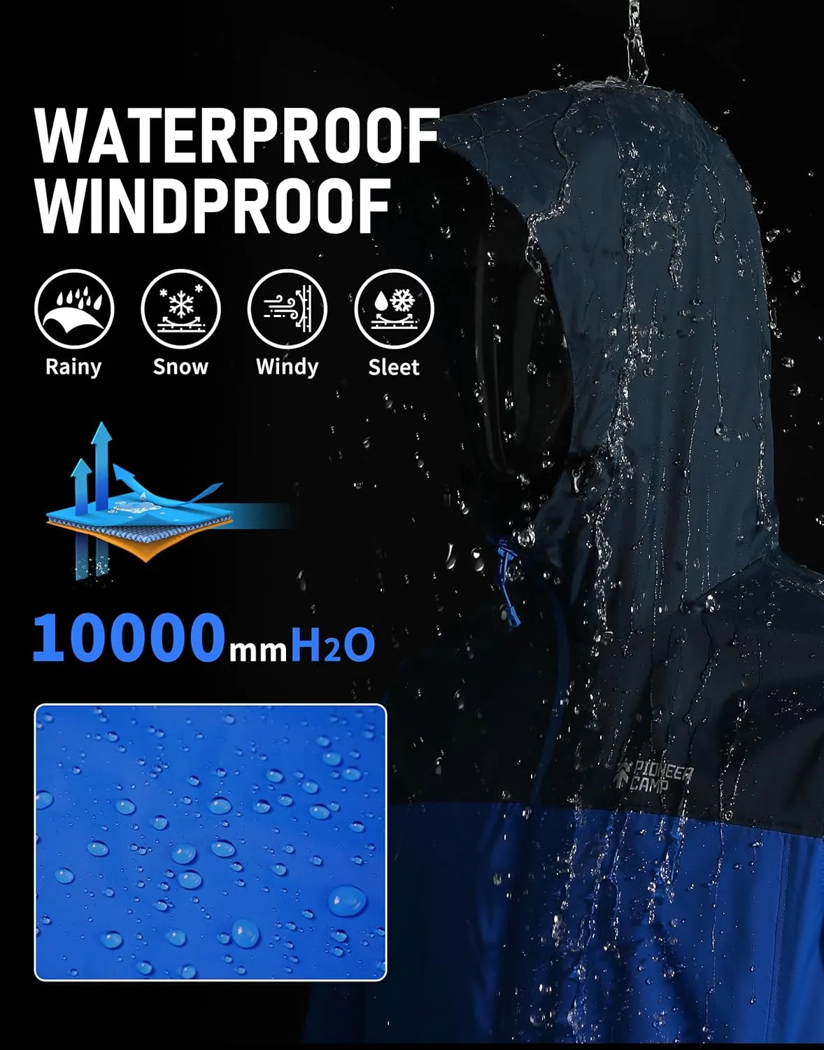 Pioneer Camp Men's Rain Jacket Waterproof with Hood Lightweight Packable Raincoat Rain Shell for Outdoor Hiking Travel