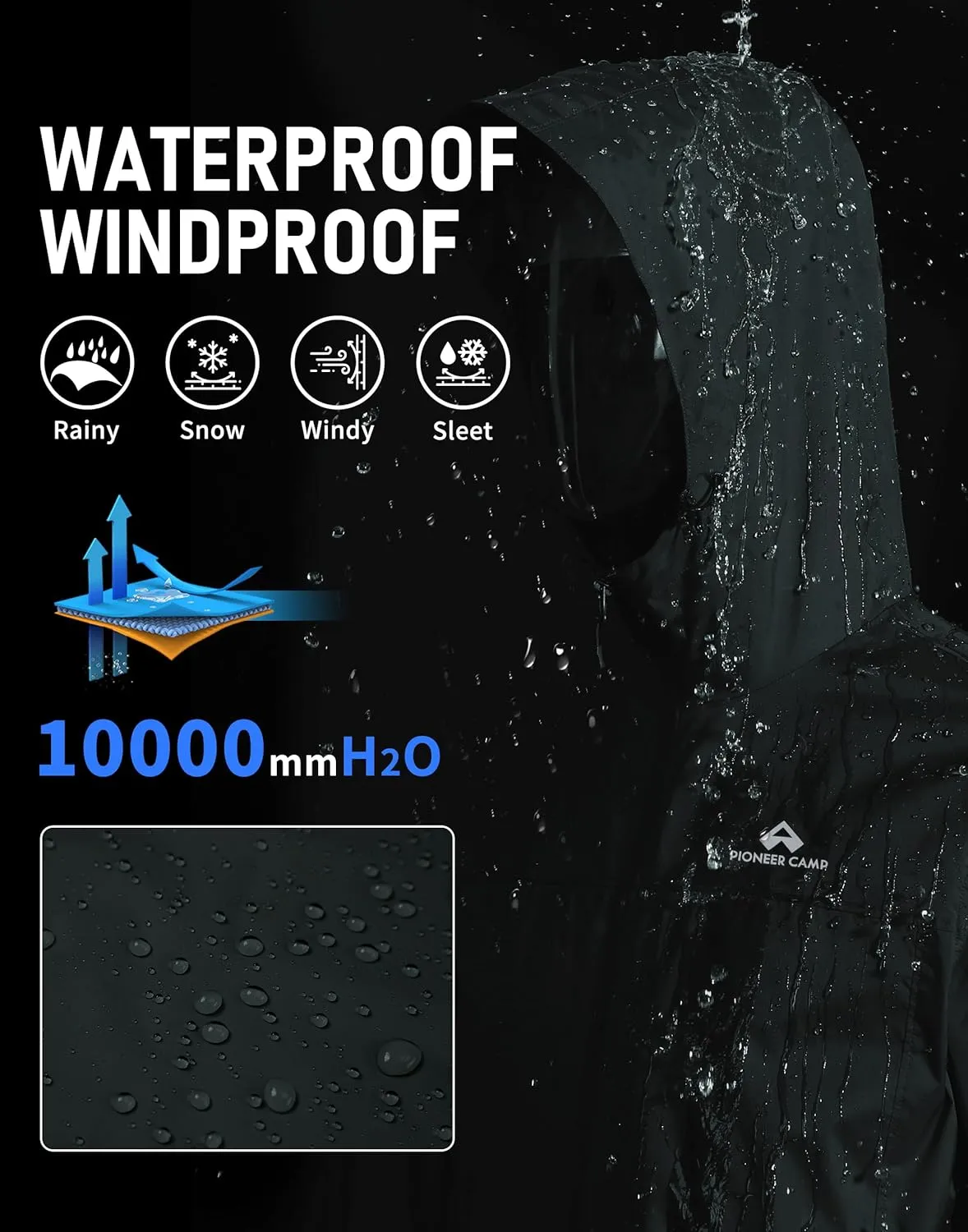 Pioneer Camp Men's Rain Jacket Waterproof with Hood Lightweight Packable Raincoat Rain Shell for Outdoor Hiking Travel
