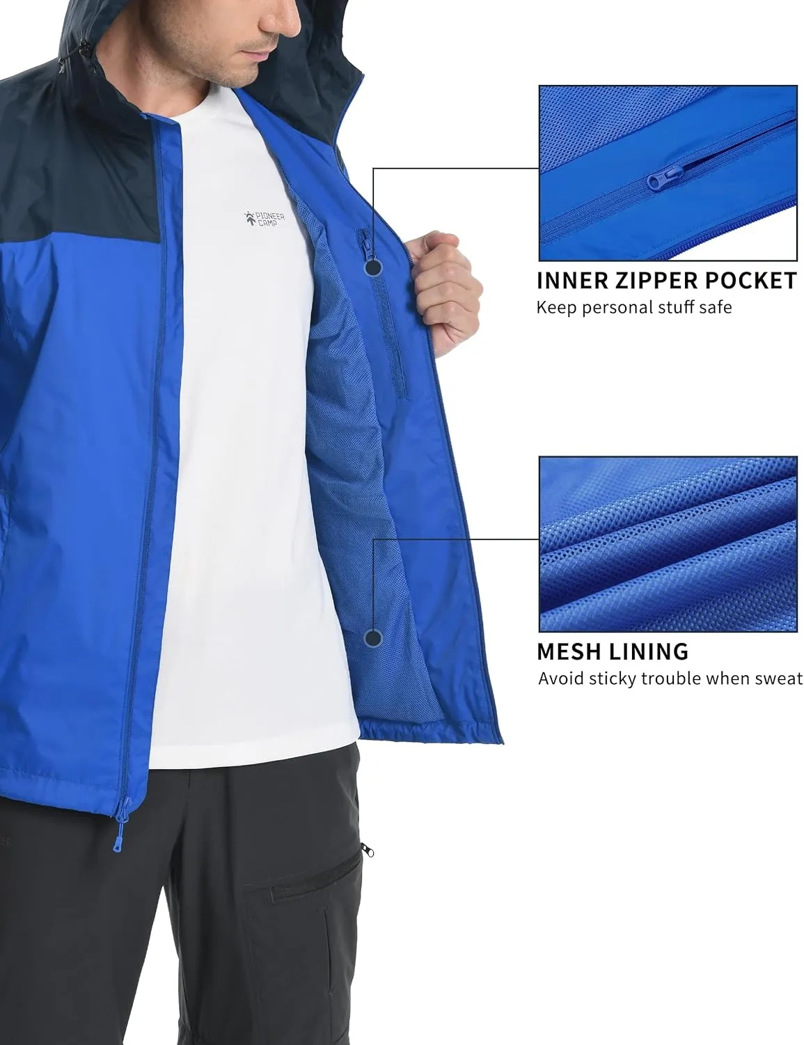 Pioneer Camp Men's Rain Jacket Waterproof with Hood Lightweight Packable Raincoat Rain Shell for Outdoor Hiking Travel