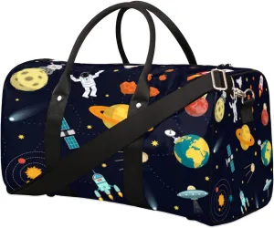 Planets Astronaut Duffel Bag Sport Gym Duffle Bag Cartoon Space Travel Bag Waterproof Weekender Overnight Tote Bag Foldable Carry on Bag Training Shoulder Bag for Women Men