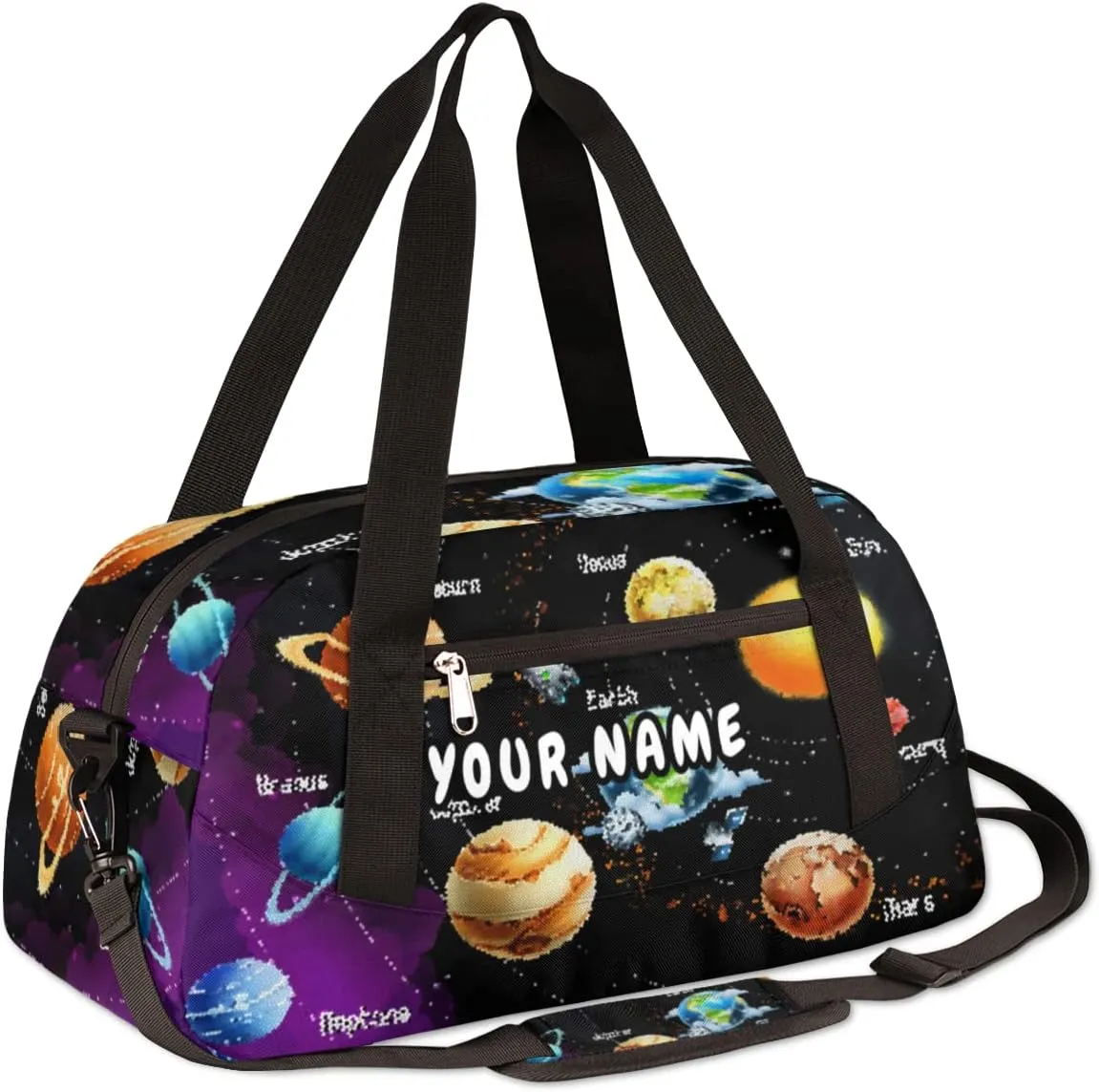 Planets Solar System Personalized Kids Duffel Bag for Girls Boys, Planets Debris Custom Name Overnight Small Duffel Bag Carry On Weekend Sports Travel Bag for School Practice Gymnastics Ballet