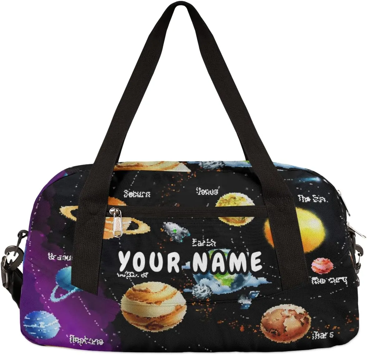 Planets Solar System Personalized Kids Duffel Bag for Girls Boys, Planets Debris Custom Name Overnight Small Duffel Bag Carry On Weekend Sports Travel Bag for School Practice Gymnastics Ballet