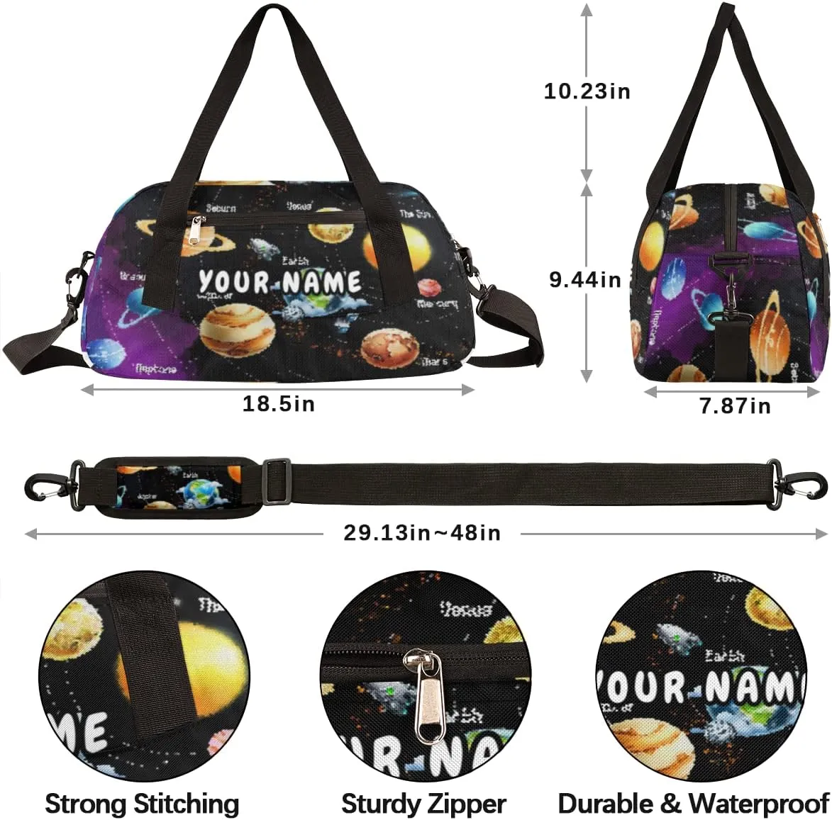 Planets Solar System Personalized Kids Duffel Bag for Girls Boys, Planets Debris Custom Name Overnight Small Duffel Bag Carry On Weekend Sports Travel Bag for School Practice Gymnastics Ballet