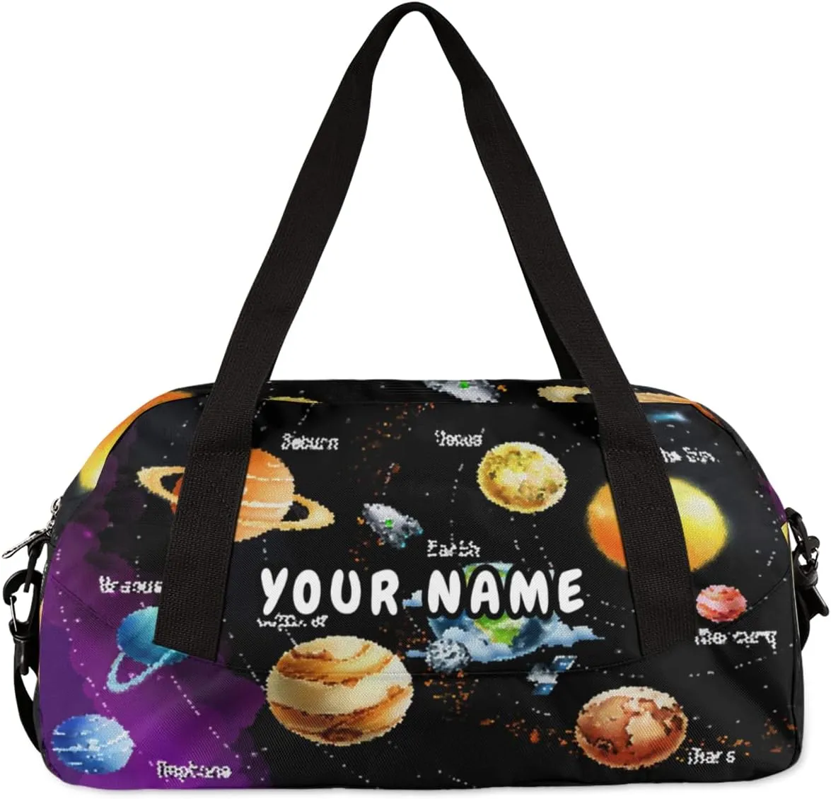 Planets Solar System Personalized Kids Duffel Bag for Girls Boys, Planets Debris Custom Name Overnight Small Duffel Bag Carry On Weekend Sports Travel Bag for School Practice Gymnastics Ballet