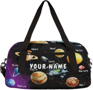 Planets Solar System Personalized Kids Duffel Bag for Girls Boys, Planets Debris Custom Name Overnight Small Duffel Bag Carry On Weekend Sports Travel Bag for School Practice Gymnastics Ballet