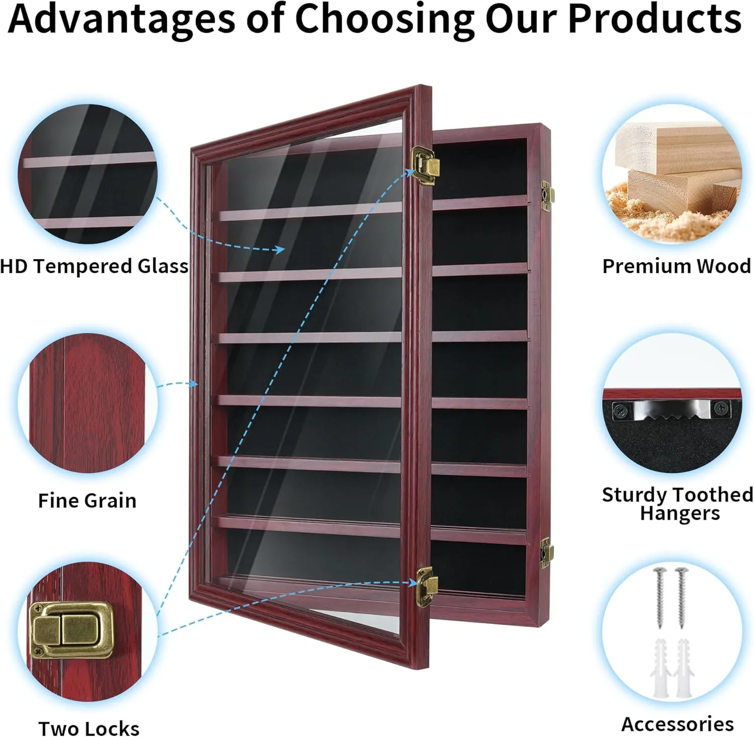 Pocket Knife Display Case 7 Rows Lockable Wooden Knife Shadow Box with HD Tempered Glass, Military Folding Knife Cabinet Stand for Wall with Removable Shelves, Red