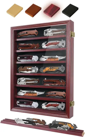 Pocket Knife Display Case 7 Rows Lockable Wooden Knife Shadow Box with HD Tempered Glass, Military Folding Knife Cabinet Stand for Wall with Removable Shelves, Red