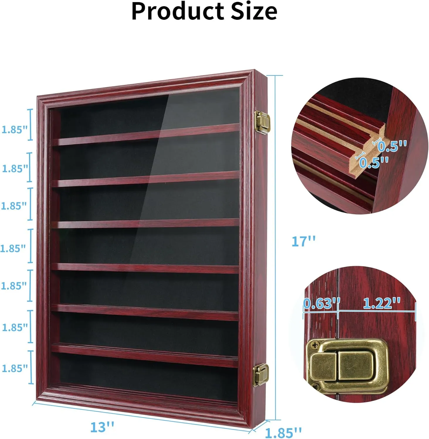 Pocket Knife Display Case 7 Rows Lockable Wooden Knife Shadow Box with HD Tempered Glass, Military Folding Knife Cabinet Stand for Wall with Removable Shelves, Red
