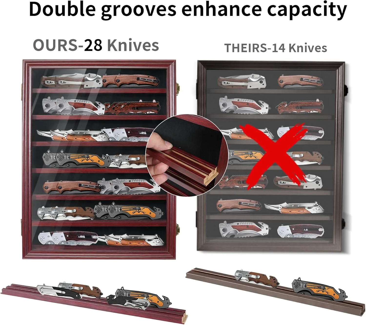 Pocket Knife Display Case 7 Rows Lockable Wooden Knife Shadow Box with HD Tempered Glass, Military Folding Knife Cabinet Stand for Wall with Removable Shelves, Red