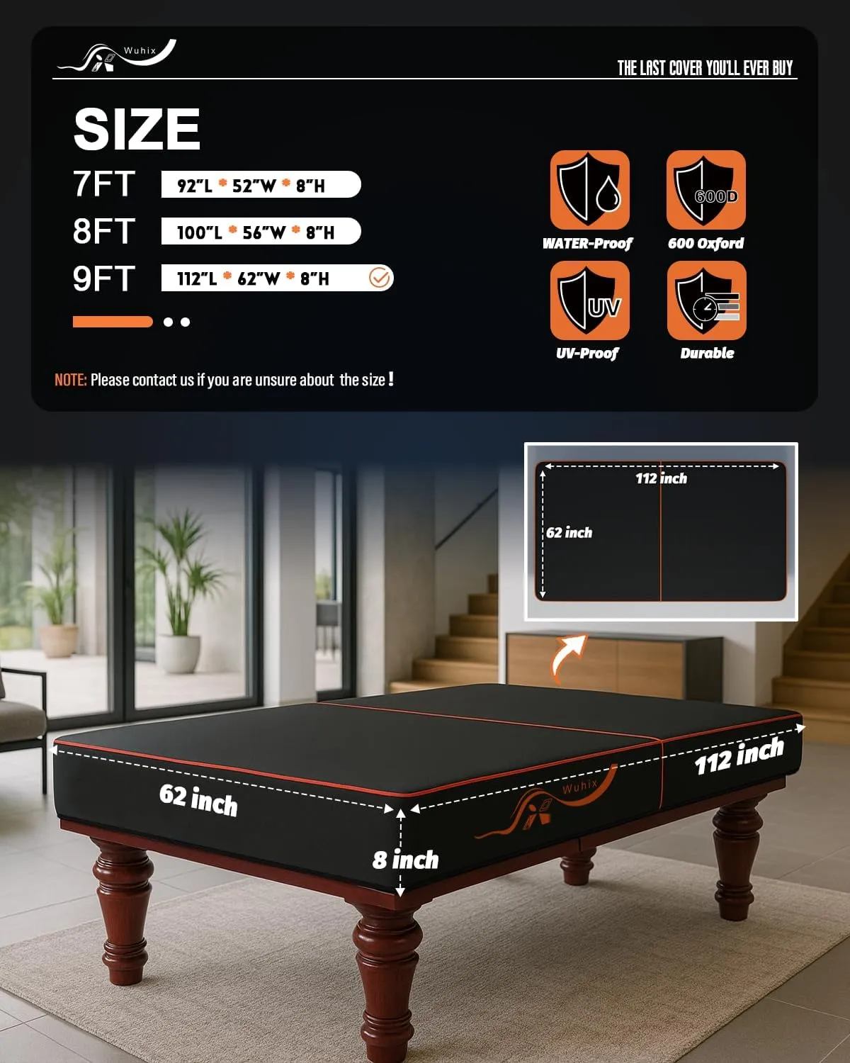 Pool Table Cover 7/8/9 ft, Billiard Table Covers 600D Heavy Duty Waterproof and Scratched-Free Outdoor Table Cover with Bag, Pool Table Accessories, Compatible with Rounded Corner Pool Tables - 9 Foot