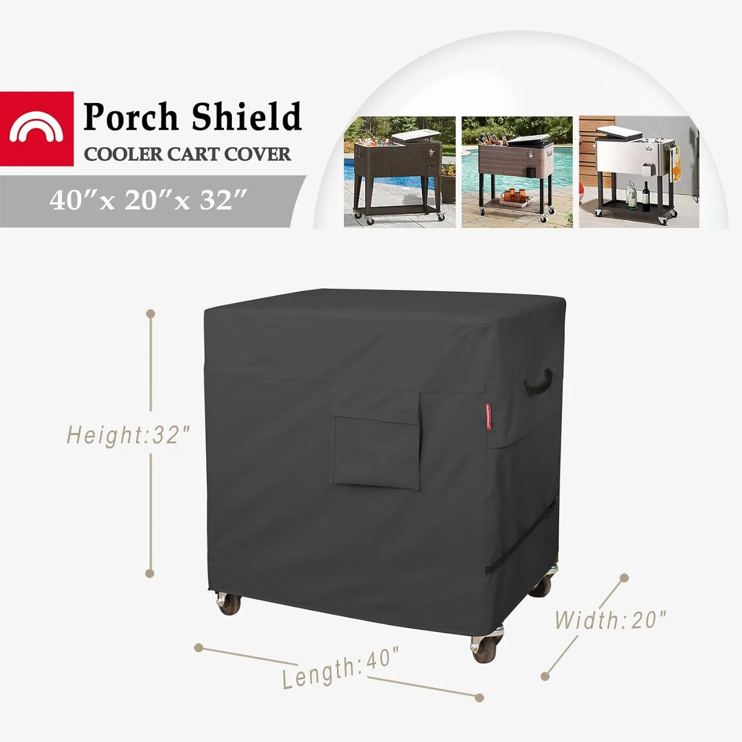 Porch Shield Waterproof Rolling 80-100 Qt Cooler Cart Cover Fits Most Patio Ice Chest Party Cooler (Black, 40"L x 20"W x 32"H)