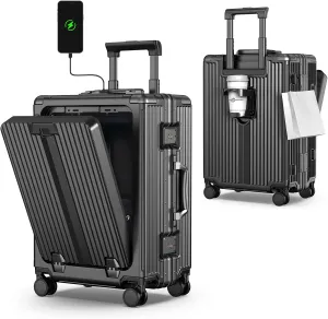 Portable Carry on Luggage Airline Approved, Expandable Luggage for Trips, Practical Suitcase with Front Pocket ＆USB Port. (01-Black)