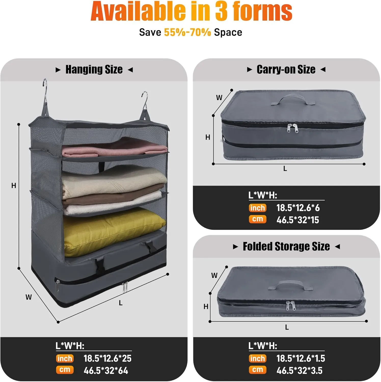 Portable Hanging Travel Shelves Bag, Travel Packing Cube Organizer, X-Large Capacity Carry-On Closet, Foldable Suitcase Storage with 4 Compartments (Grey)