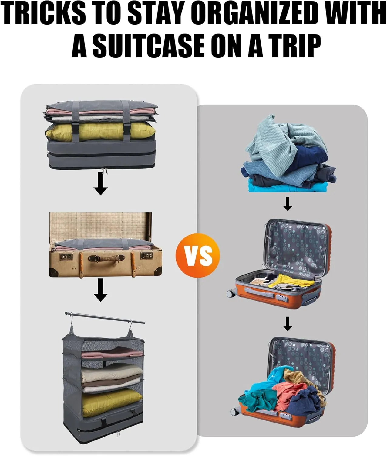 Portable Hanging Travel Shelves Bag, Travel Packing Cube Organizer, X-Large Capacity Carry-On Closet, Foldable Suitcase Storage with 4 Compartments (Grey)