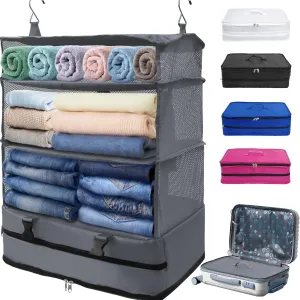Portable Hanging Travel Shelves Bag, Travel Packing Cube Organizer, X-Large Capacity Carry-On Closet, Foldable Suitcase Storage with 4 Compartments (Grey)