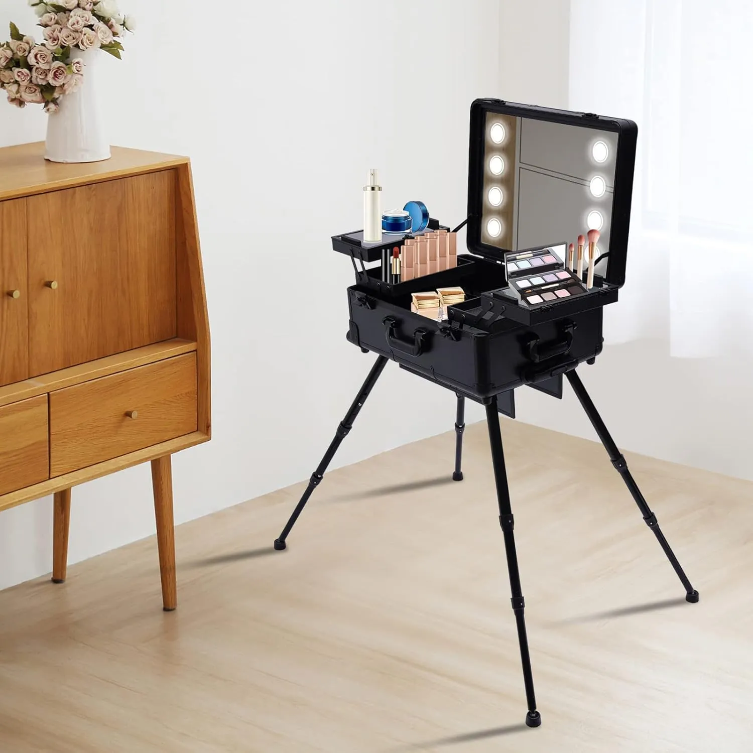 Portable Make-Up Case,Pro Make-Up Station with 4 Rolling Wheels & Lights & Mirror, Trolley Makeup Case with LED Light,Pro Traveling Makeup Tools Easy-to-Clean Extendable Trays, Adjustable Legs