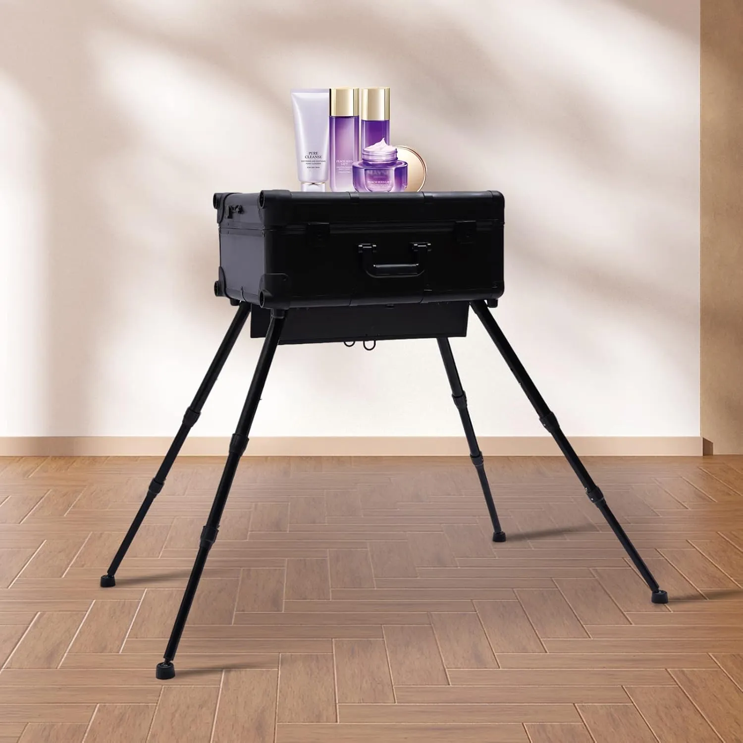 Portable Make-Up Case,Pro Make-Up Station with 4 Rolling Wheels & Lights & Mirror, Trolley Makeup Case with LED Light,Pro Traveling Makeup Tools Easy-to-Clean Extendable Trays, Adjustable Legs