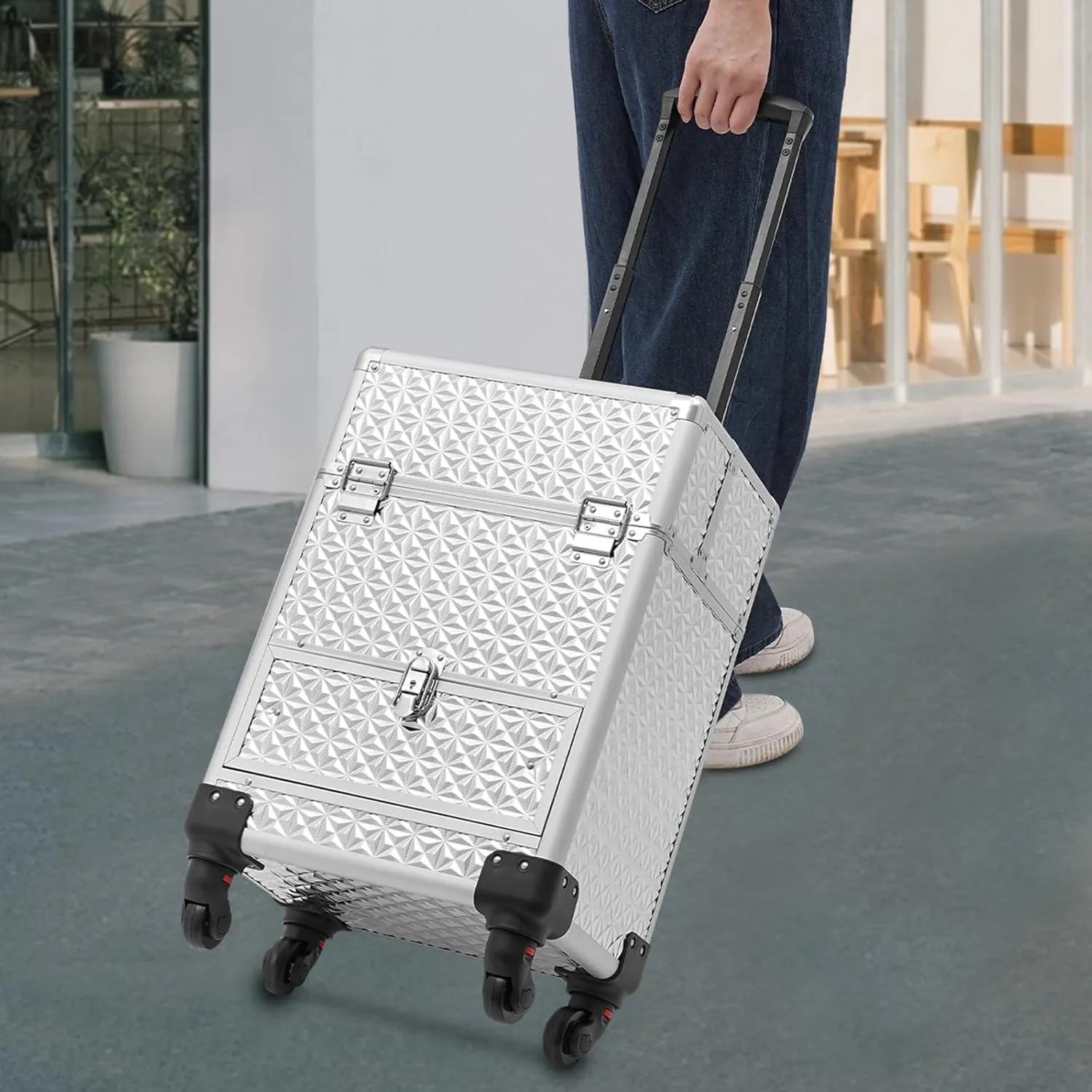 Portable Makeup Organizer Suitcase, Rolling Makeup Train Case with Drawer, Cosmetic Trolley Makeup Storage Organizer with 4 Wheels for Storing Tools or Daily Necessities (Silver)