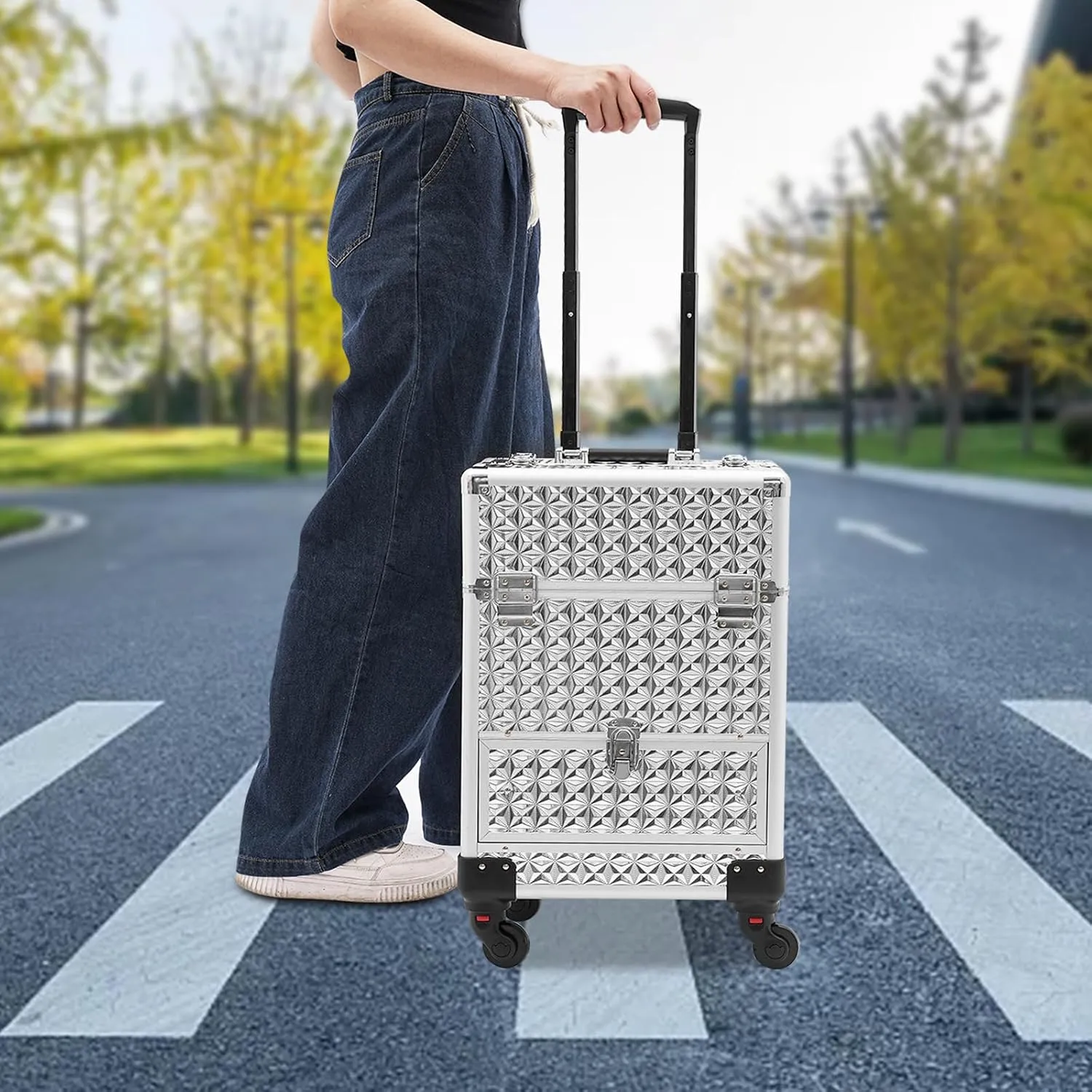 Portable Makeup Organizer Suitcase, Rolling Makeup Train Case with Drawer, Cosmetic Trolley Makeup Storage Organizer with 4 Wheels for Storing Tools or Daily Necessities (Silver)