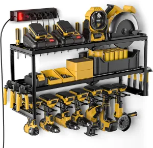 Power Tool Organizer Wall Mount with Charging Station, 4/6/7/8 Slots for Cordless tool Storage, Tool Battery Holde with 4 Outlet Power Strip, Utility Rack Suitable for Garage/Workshop/Pegboard