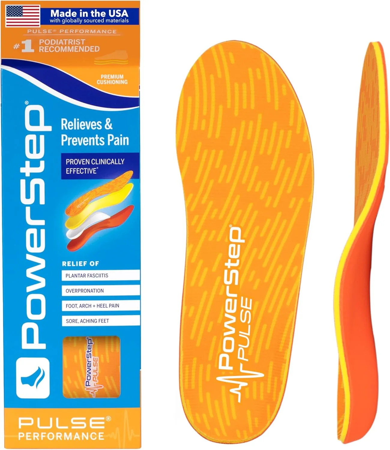 PowerStep Insoles, Pulse Performance, Running Shoe Pain Relief Insert, Athletic Arch Support Orthotic for Women and Men - Made in The USA (M 5-5.5, F 7-7.5)