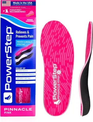 PowerStep Pinnacle Pink Orthotics for Women - Arch Support Inserts for Plantar Fasciitis Relief- Made in USA- Maximum Cushioning Arch Support, Deep Heel Cup for Pronation (W 11-11.5, M 9-9.5)