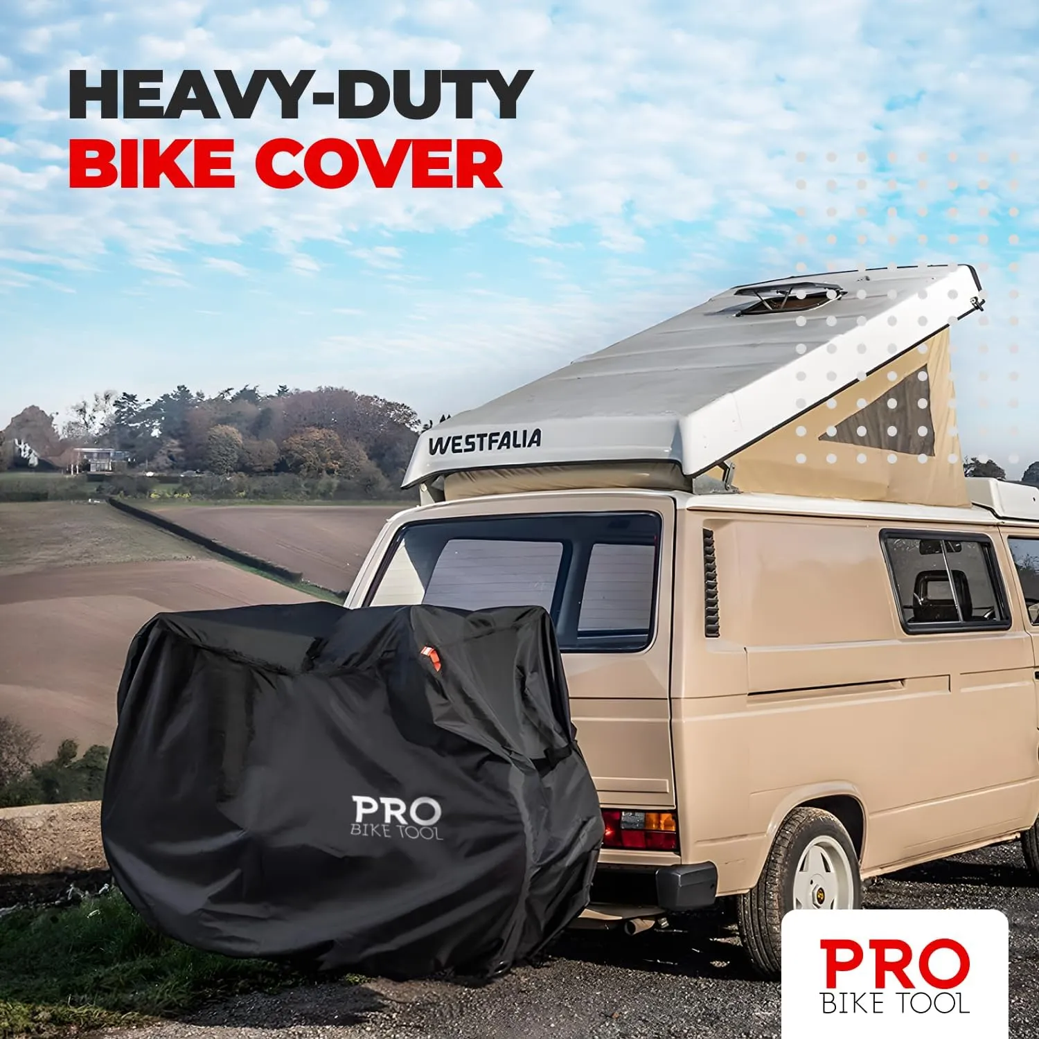 PRO BIKE TOOL Bike Cover - Heavy-Duty Bike Covers Outdoor Storage Waterproof 2 or 3 Bikes - Anti-UV Protection - Secure Fit with Lock Hole - Travel Ready for Car Racks - Includes Storage Bag, Black