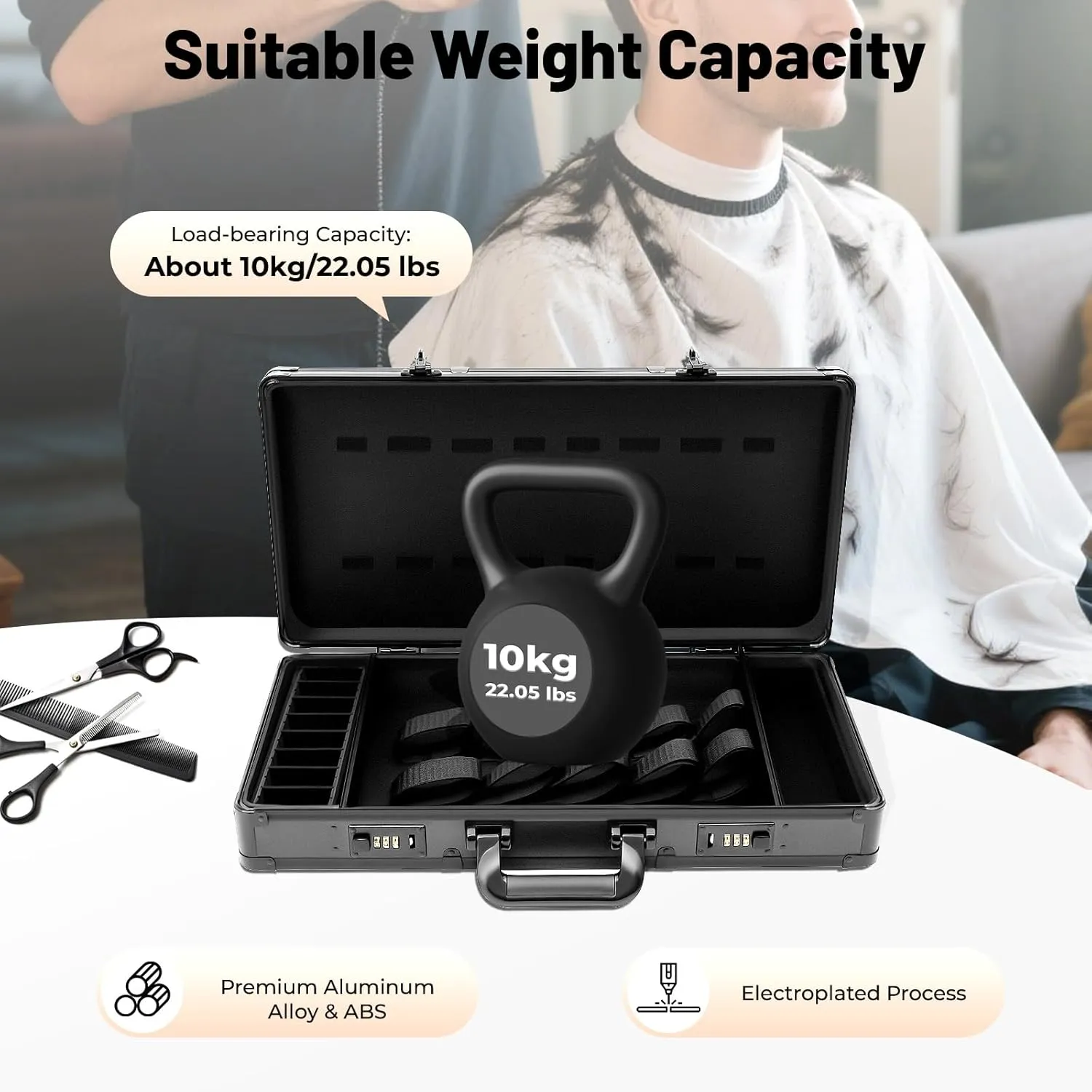 Professional Barber Carrying Case with Fireproof Panel & 3-Digit Lock, Aluminum Alloy Stylist Organizer for Hairstylists, Pet Groomers, Makeup Artists (Black)