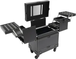 Professional Makeup Artist Rolling Train Case, Multi-functional Beauty Salon Trolley Cosmetic Organizer Box w/Mirror&6 Tray, Large Trolley Storage Case for Nail Technicians Hairstylist (Black)