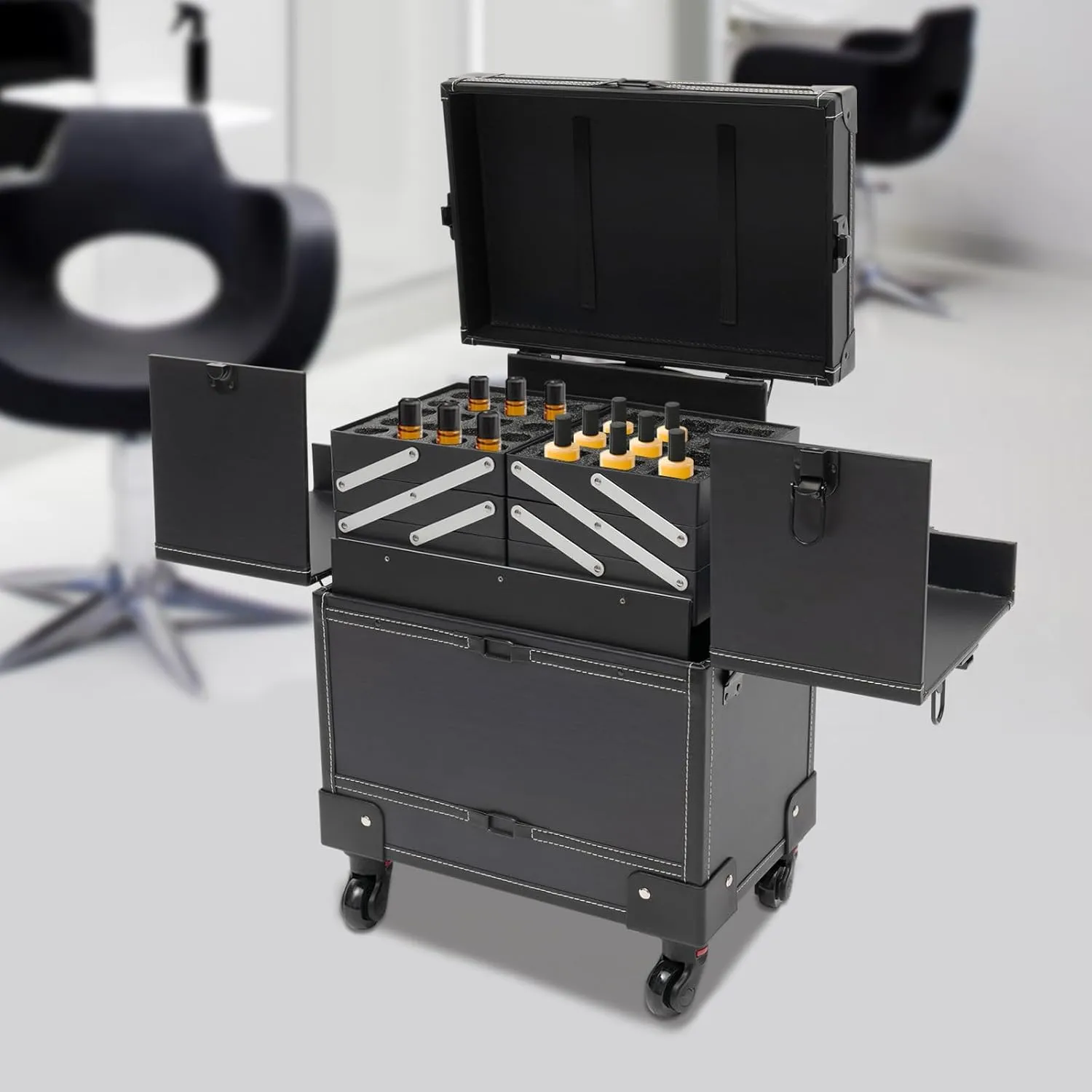 Professional Makeup Artist Rolling Train Case, Multi-functional Beauty Salon Trolley Cosmetic Organizer Box w/Mirror&6 Tray, Large Trolley Storage Case for Nail Technicians Hairstylist (Black)
