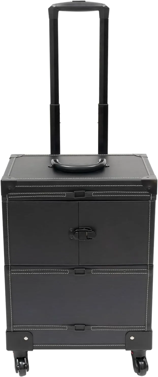 Professional Makeup Artist Rolling Train Case, Multi-functional Beauty Salon Trolley Cosmetic Organizer Box w/Mirror&6 Tray, Large Trolley Storage Case for Nail Technicians Hairstylist (Black)