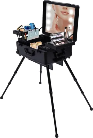 Professional Makeup Case, Rolling Cosmetic Train Table with 4 Wheels & Lighted Mirror, Lockable Makeup Suitcase with Adjustable Legs, Extendable Trays, Adjustable Height