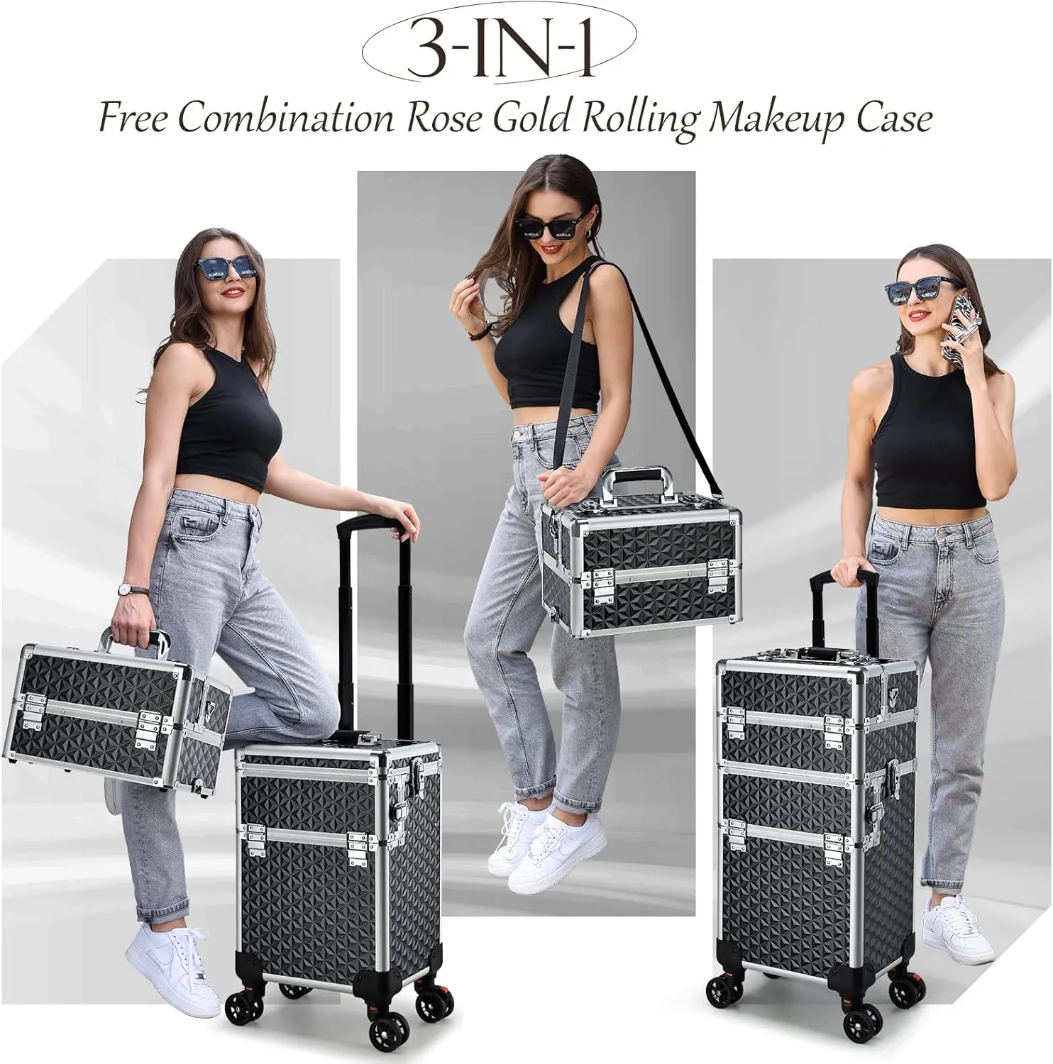 Professional Rolling Makeup Case, 3 in 1 Makeup Train Case, Cosmetology Case on Wheels, Large Makeup Trolley Salon Barber Traveling Trunk Suitcase for Makeup School Nail Tech Hairstylist MUA, Black