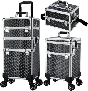 Professional Rolling Makeup Case, 3 in 1 Makeup Train Case, Cosmetology Case on Wheels, Large Makeup Trolley Salon Barber Traveling Trunk Suitcase for Makeup School Nail Tech Hairstylist MUA, Black