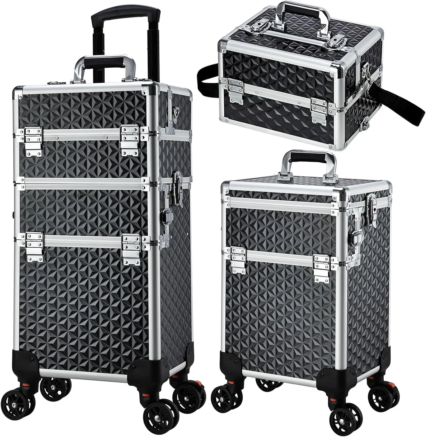 Professional Rolling Makeup Case, 3 in 1 Makeup Train Case, Cosmetology Case on Wheels, Large Makeup Trolley Salon Barber Traveling Trunk Suitcase for Makeup School Nail Tech Hairstylist MUA, Black