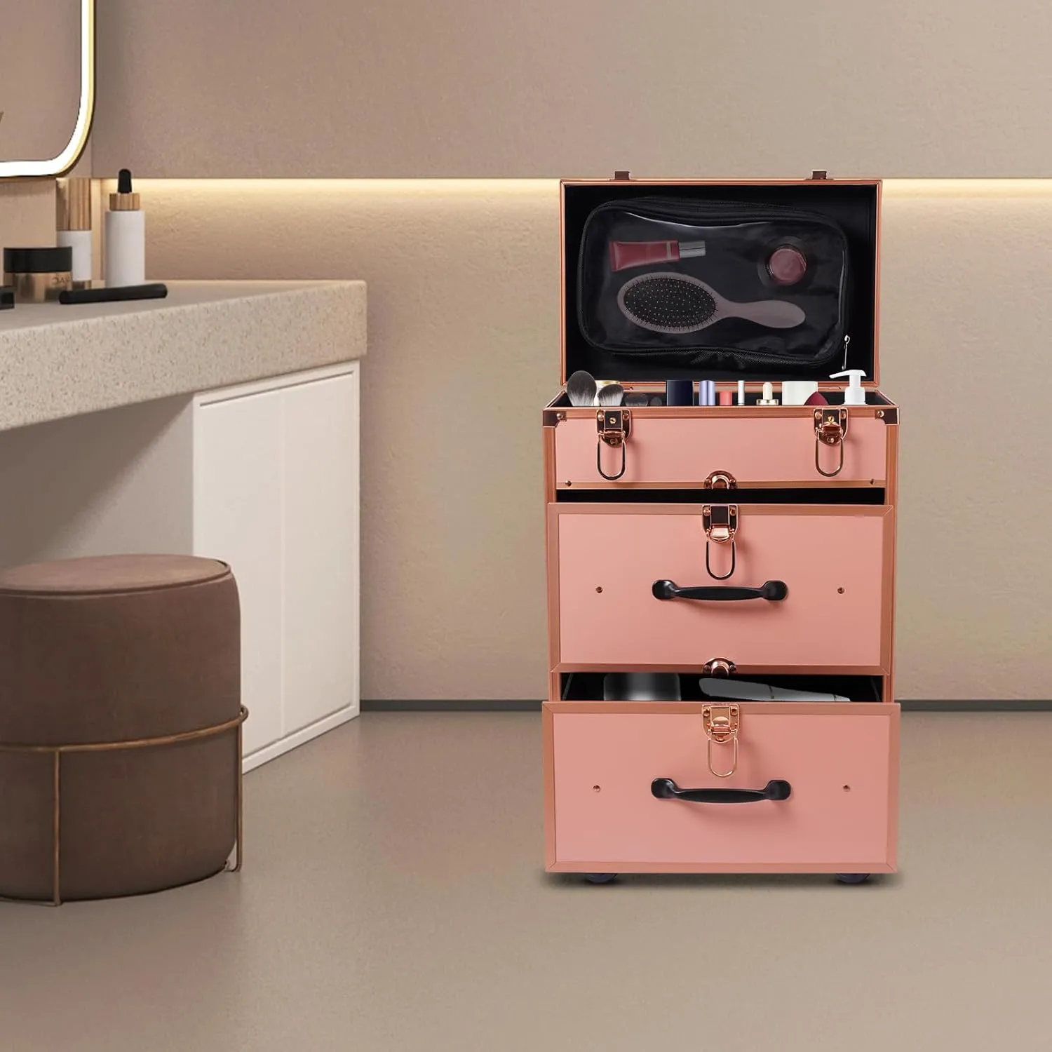 Professional Rolling Makeup Case Lockable Travel Makeup Train Case Aluminum Alloy Cosmetics Storage Organizer with Swivel Wheels for on the Go Makeup/Nail Art/Hair Styling (Gold)