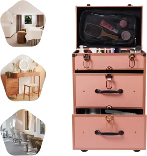 Professional Rolling Makeup Case Lockable Travel Makeup Train Case Aluminum Alloy Cosmetics Storage Organizer with Swivel Wheels for on the Go Makeup/Nail Art/Hair Styling (Gold)