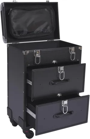 Professional Rolling Makeup Case with Drawers Train Case Large Cosmetic Trolley with Locks Storage Case on Wheels Travel Organizer with Adjustable Dividers for Nail Hair Styling (Black)