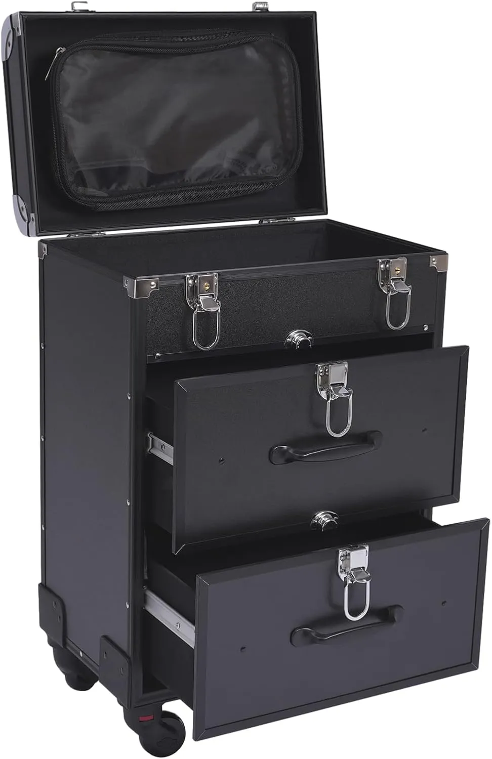 Professional Rolling Makeup Case with Drawers Train Case Large Cosmetic Trolley with Locks Storage Case on Wheels Travel Organizer with Adjustable Dividers for Nail Hair Styling (Black)