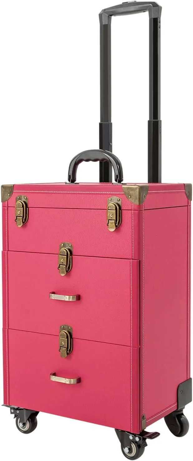 Professional Rolling Makeup Train Case, 3 Tier Large Cosmetic Trolley with Locks, Rolling Cosmetics Storage Organizer Make Up Case for Travel Makeup/Nail Art/Hair Styling
