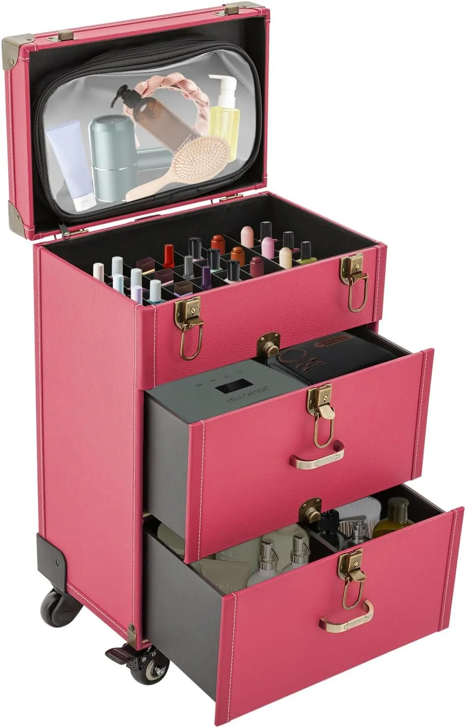 Professional Rolling Makeup Train Case, 3 Tier Large Cosmetic Trolley with Locks, Rolling Cosmetics Storage Organizer Make Up Case for Travel Makeup/Nail Art/Hair Styling