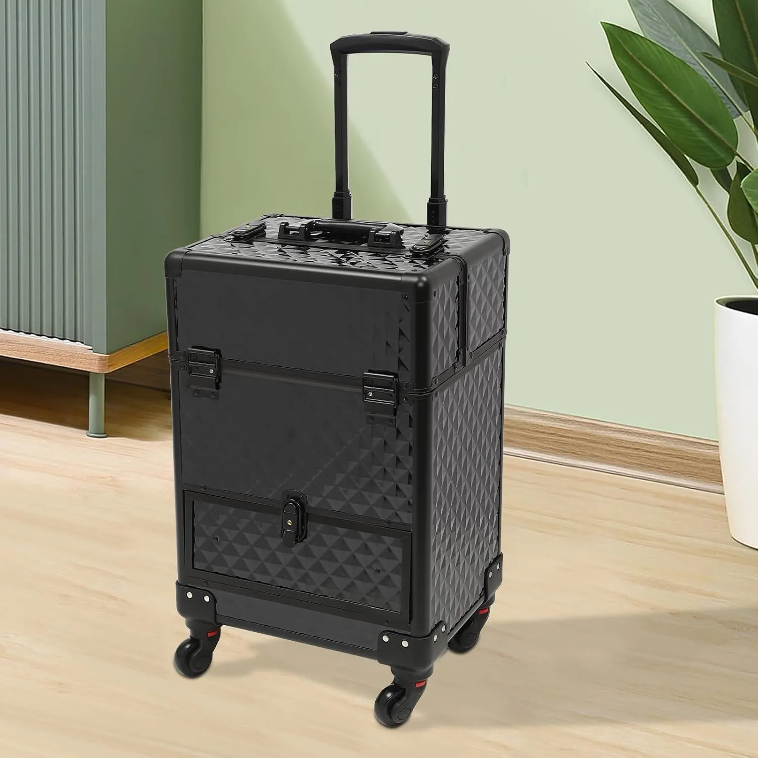 Professional Rolling Makeup Train Case Cosmetic Trolley Makeup Storage Organizer Large Capacity Trolley Case Makeup Lockable Salon Barber Travel Case with Wheels (Black)