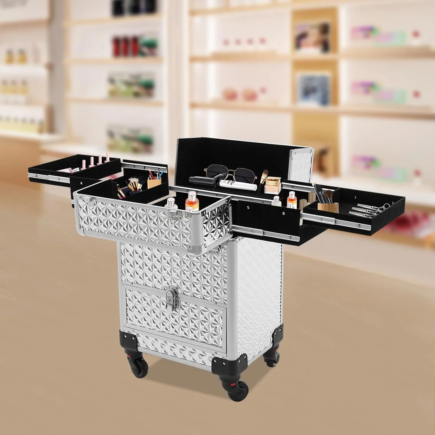 Professional Rolling Makeup Train Case Cosmetic Trolley Makeup Storage Organizer Large Capacity Trolley Case Makeup Lockable Salon Barber Travel Case with Wheels (Silver)