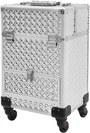 Professional Rolling Makeup Train Case Cosmetic Trolley Makeup Storage Organizer Large Capacity Trolley Case Makeup Lockable Salon Barber Travel Case with Wheels (Silver)