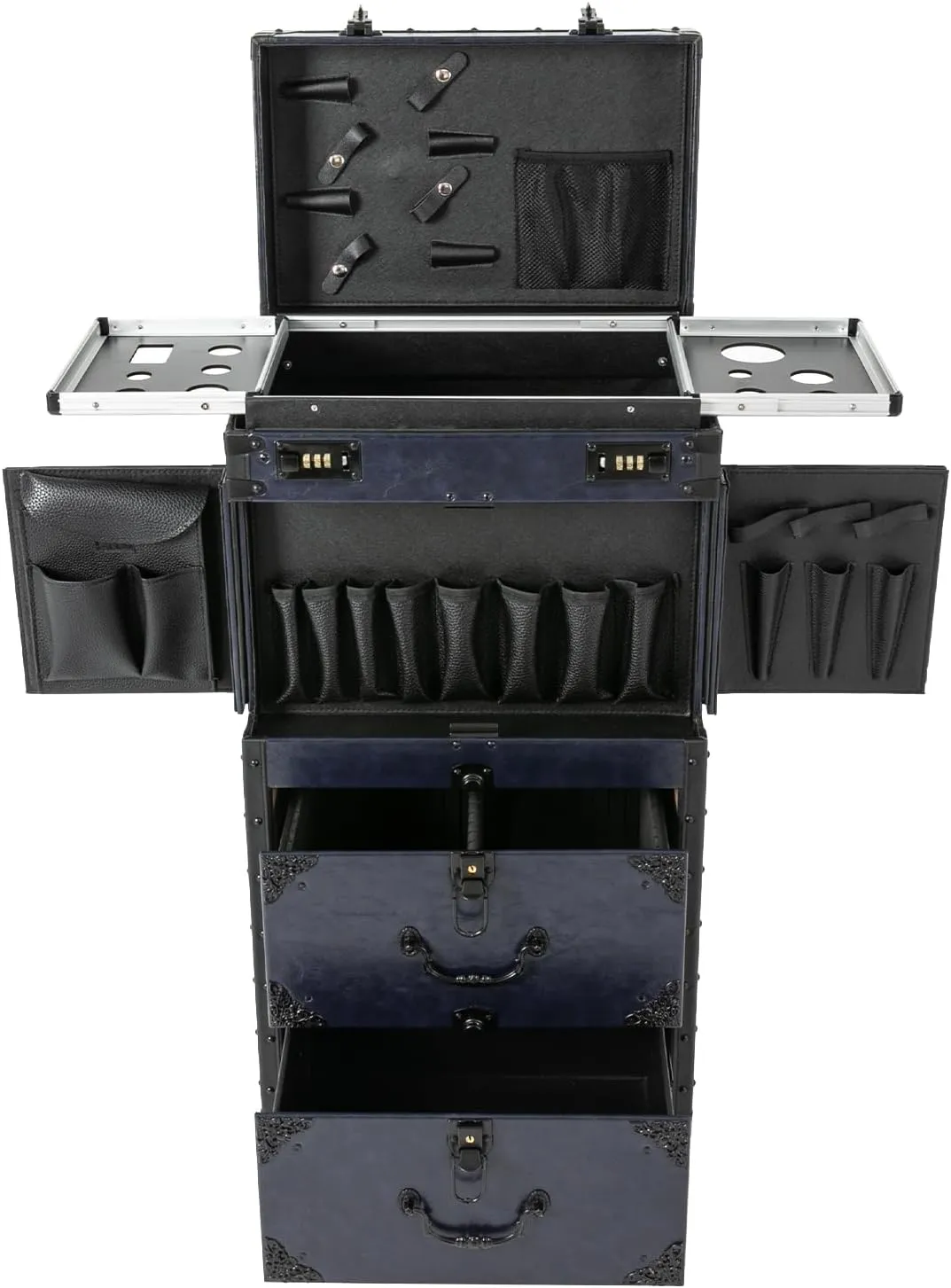 Professional Rolling Makeup Train Case Large Storage Cosmetic Hairdressing Trolley Cosmetology Train Case Lockable Beauty Salon Cosmetic Luggage Organizer Tool Box (Blue)