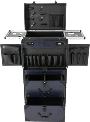 Professional Rolling Makeup Train Case Large Storage Cosmetic Hairdressing Trolley Cosmetology Train Case Lockable Beauty Salon Cosmetic Luggage Organizer Tool Box (Blue)