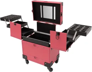 Professional Rolling Makeup Train Case, Large Trolley Storage Case, Multi-Functional Cosmetic Train Case with Mirror & Universal Wheels for Makeup Artist Hairstylist Travel Cosmetic Organizer (Rose)