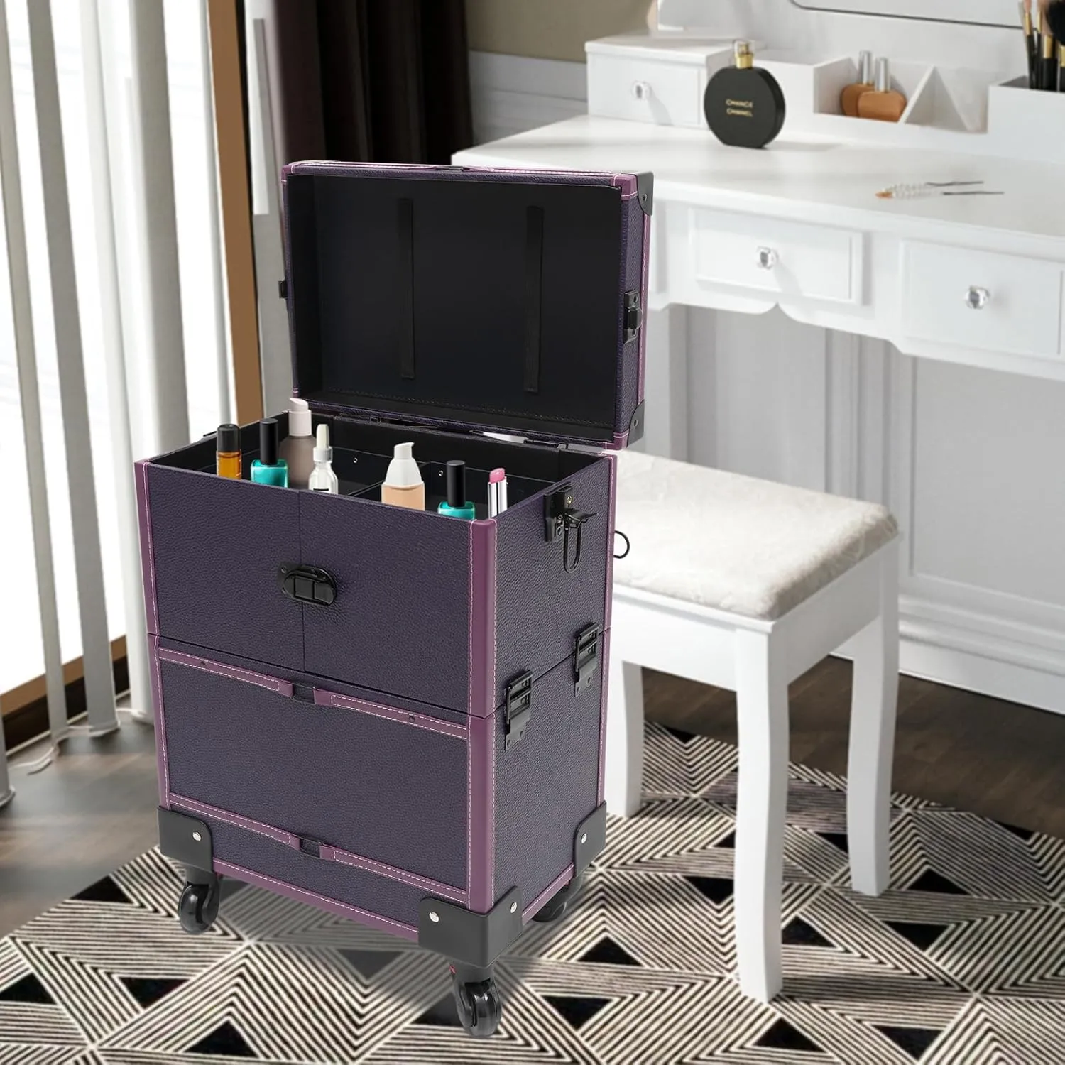 Professional Rolling Makeup Train Case Lockable Portable Cosmetic Organizer Trolley, Multifunction Cosmetology Case on Wheels, Nail Travel Case for Nail Tech Dark Purple