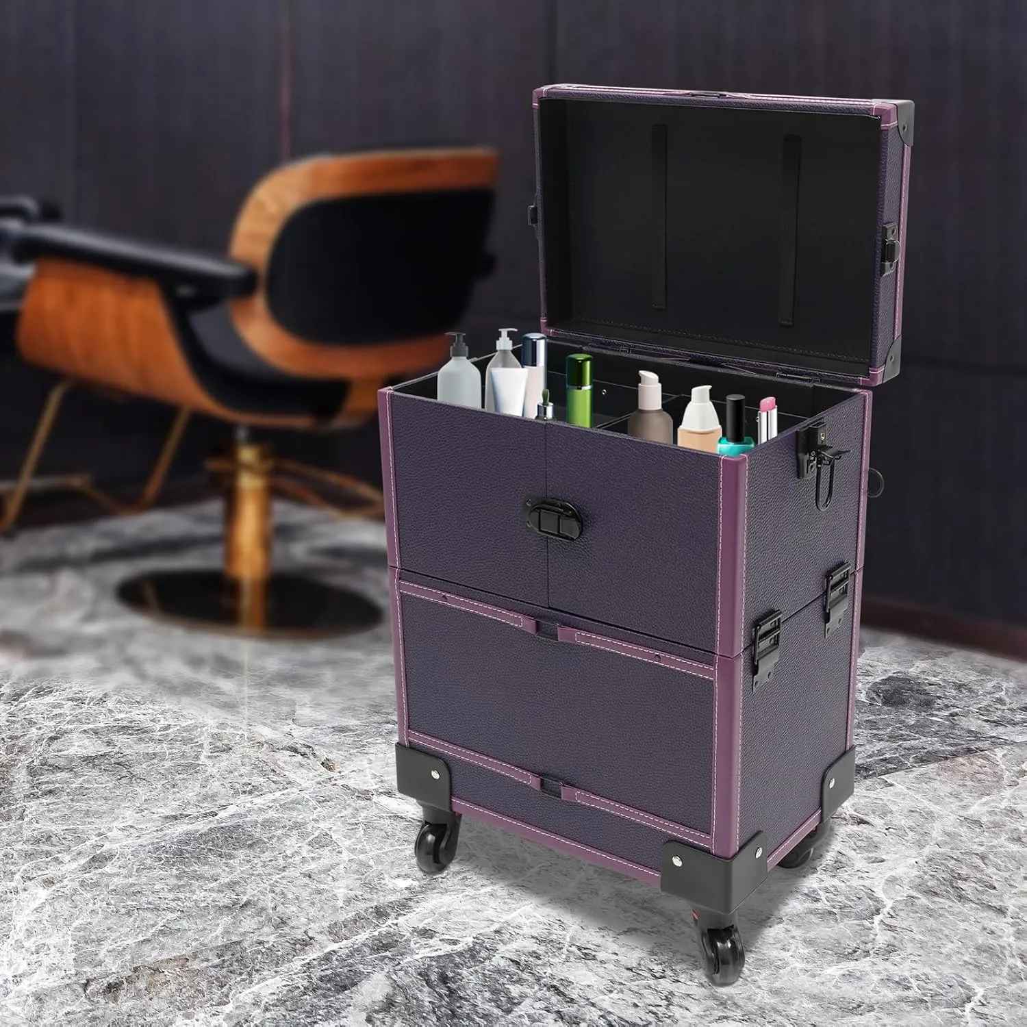Professional Rolling Makeup Train Case Lockable Portable Cosmetic Organizer Trolley, Multifunction Cosmetology Case on Wheels, Nail Travel Case for Nail Tech Dark Purple