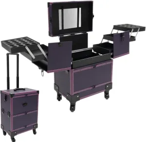 Professional Rolling Makeup Train Case Lockable Portable Cosmetic Organizer Trolley, Multifunction Cosmetology Case on Wheels, Nail Travel Case for Nail Tech Dark Purple